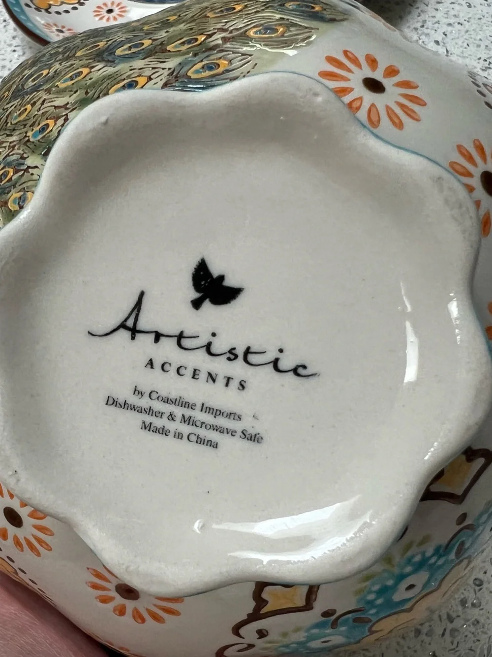Artistic Accents Hand-Painted Platter & Bowl Peacock Coastline Imports EUC